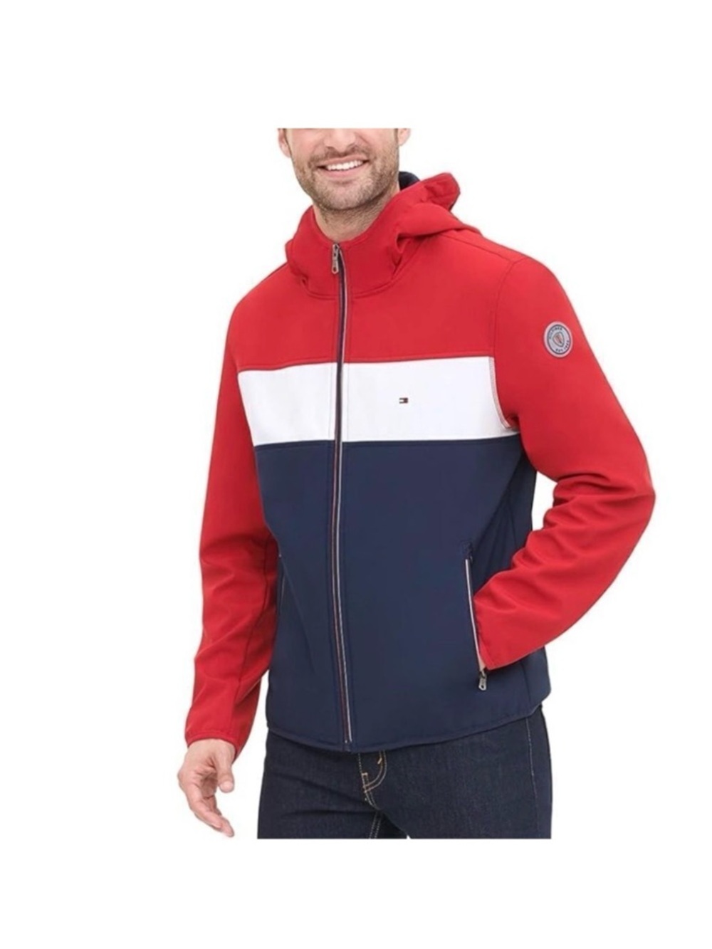 NWT Tommy Hilfiger Men’s Performance Softshell Hooded Jacket Red White Nav